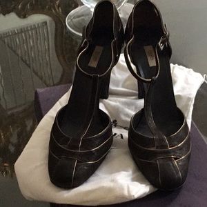 Prada closed toe brown with gold heels